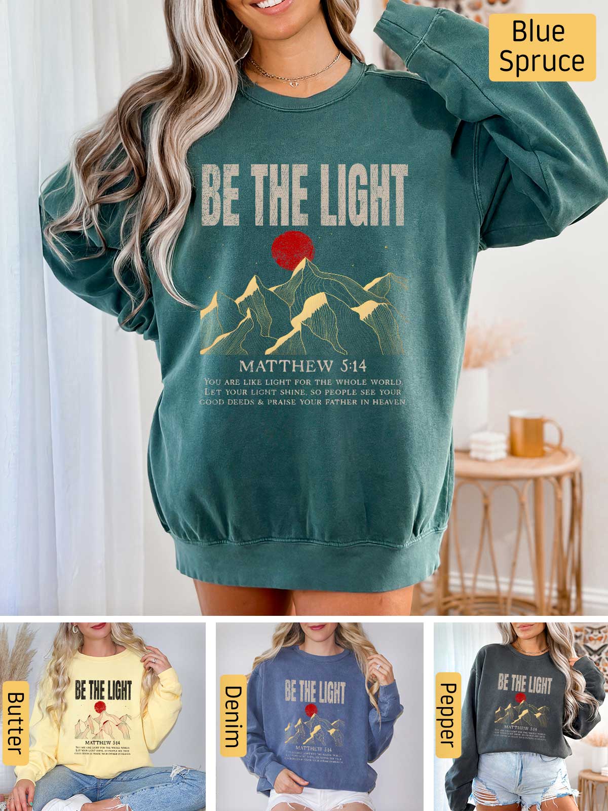 a woman wearing a sweatshirt that says be the light