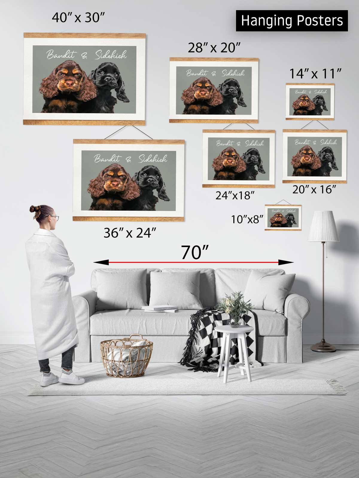 a person standing in a living room, surrounded by various framed images of dogs. The person is wearing a white coat and appears to be looking at the pictures. The images are of different sizes and are arranged on the wall, creating a collage-like effect. The person is standing in front of a couch, and there is a basket on the floor next to the couch. The image does not contain any text, and the person is not described as being in a specific location or engaged in any particular activity.