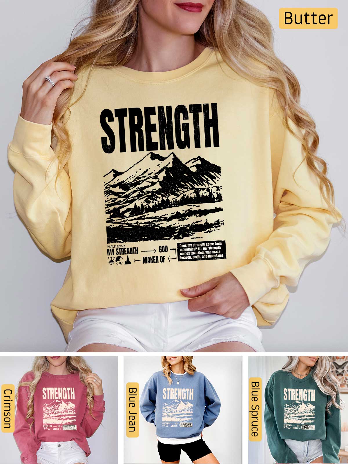 a woman wearing a sweatshirt with the words strength on it