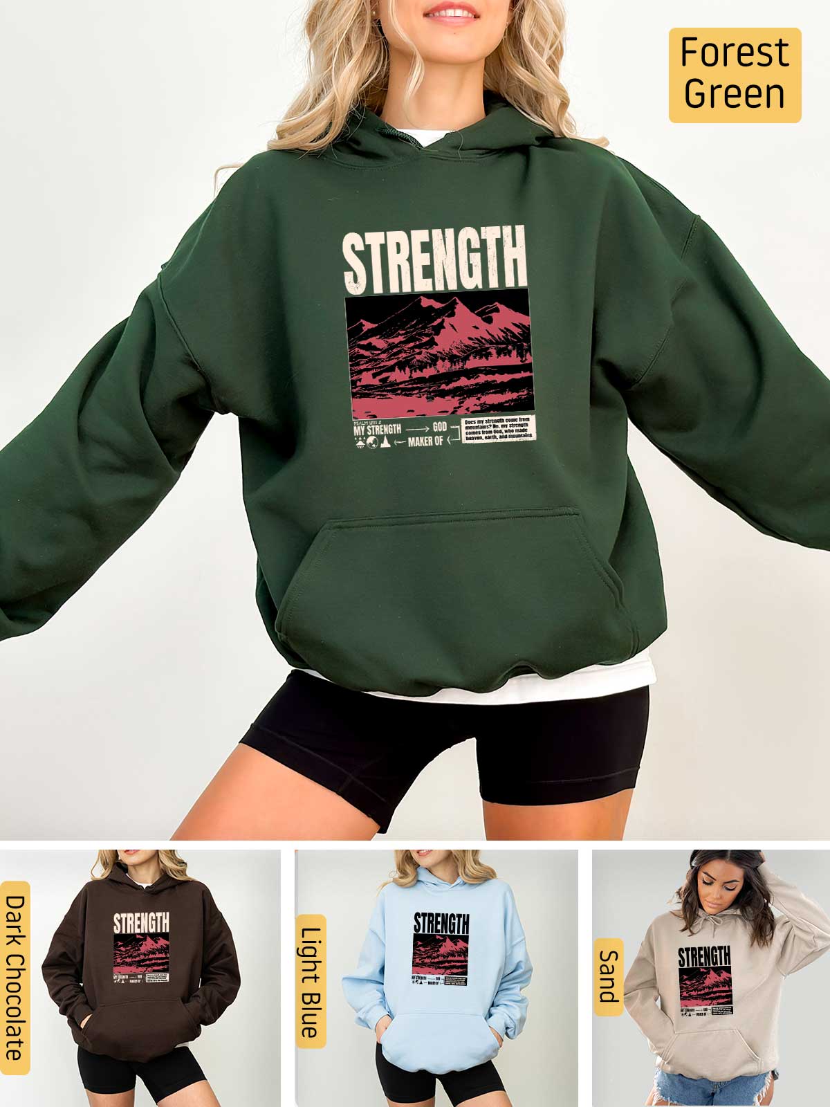 a woman wearing a green hoodie with the words strength on it