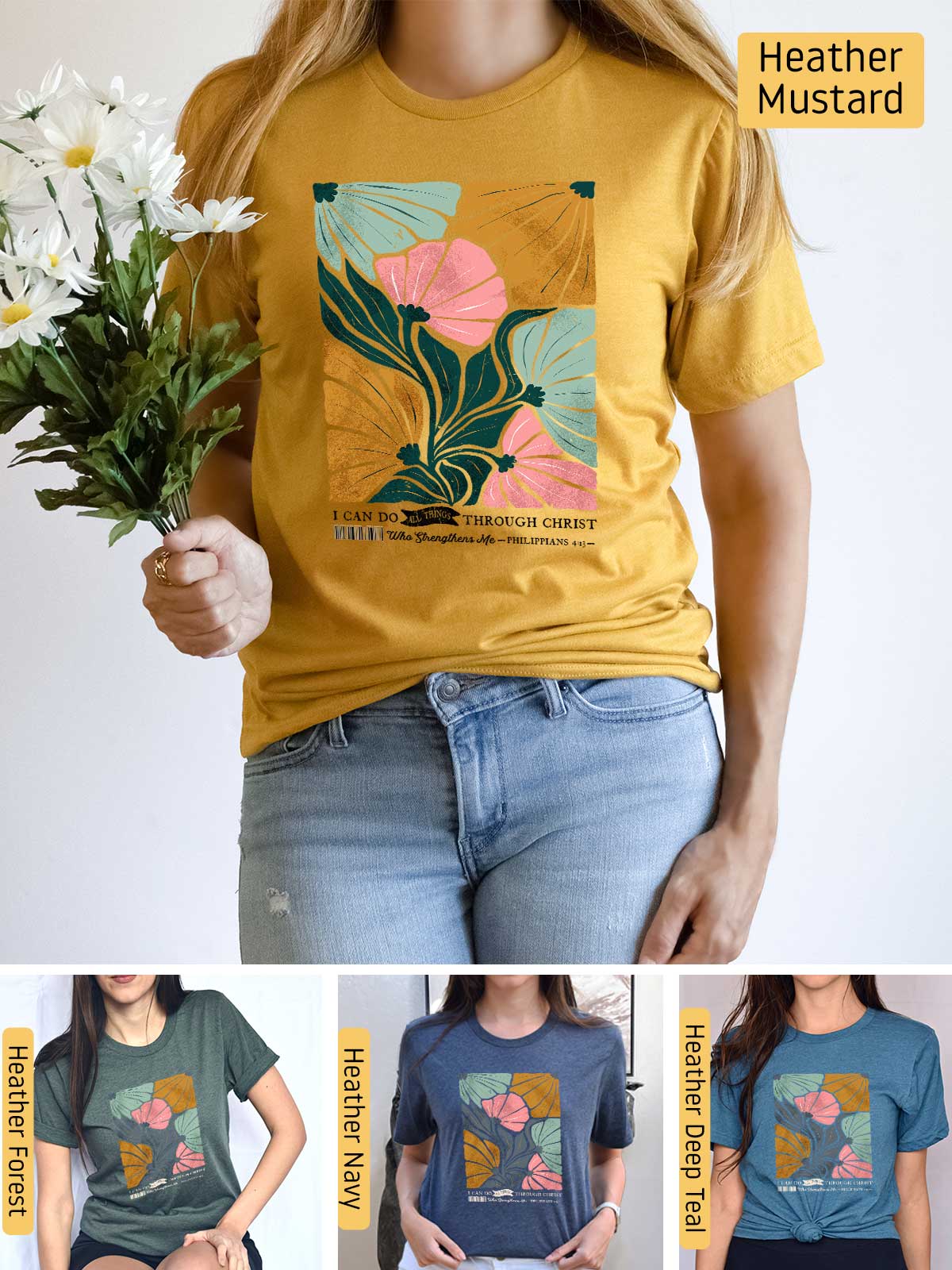 a woman wearing a t - shirt with flowers on it