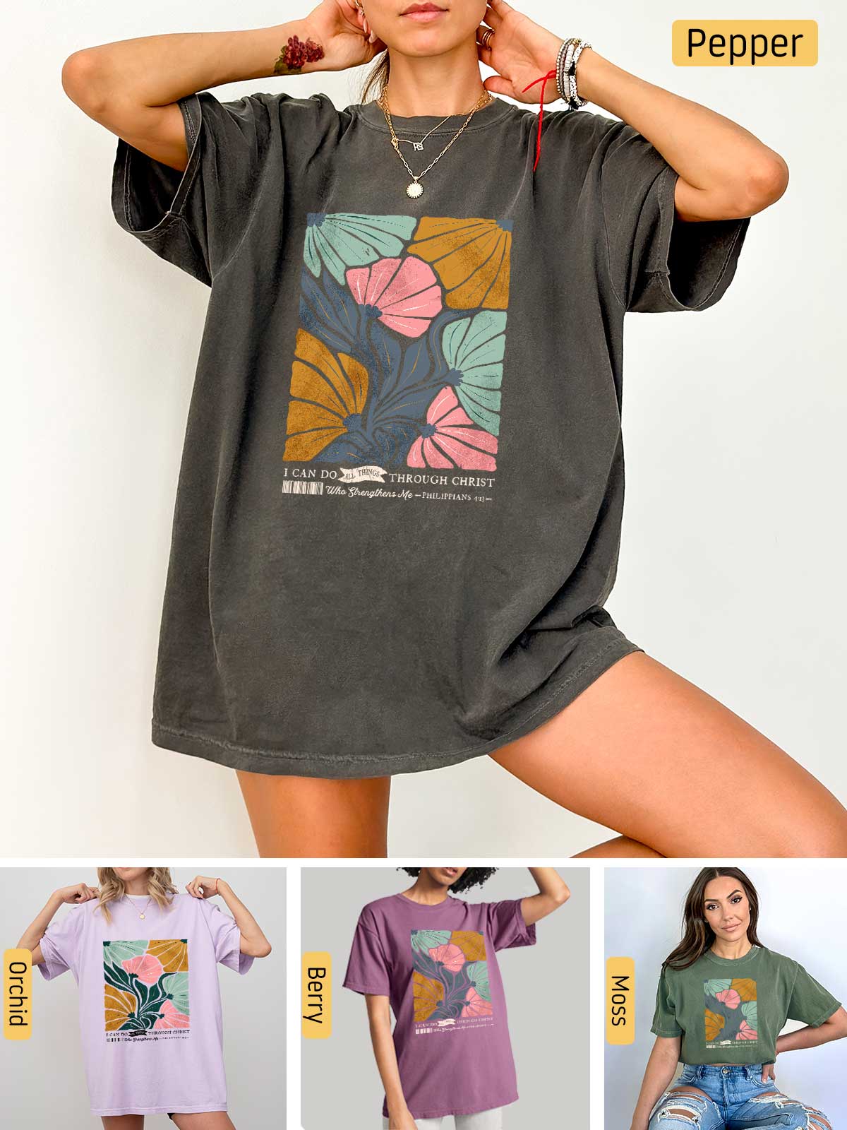 a collage of photos of a woman wearing a t - shirt