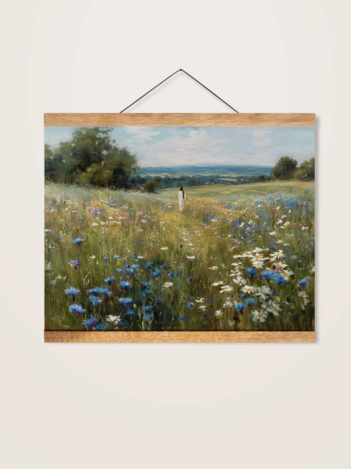 The image is a painting of a person walking through a field of flowers, with a blue sky and trees in the background.
