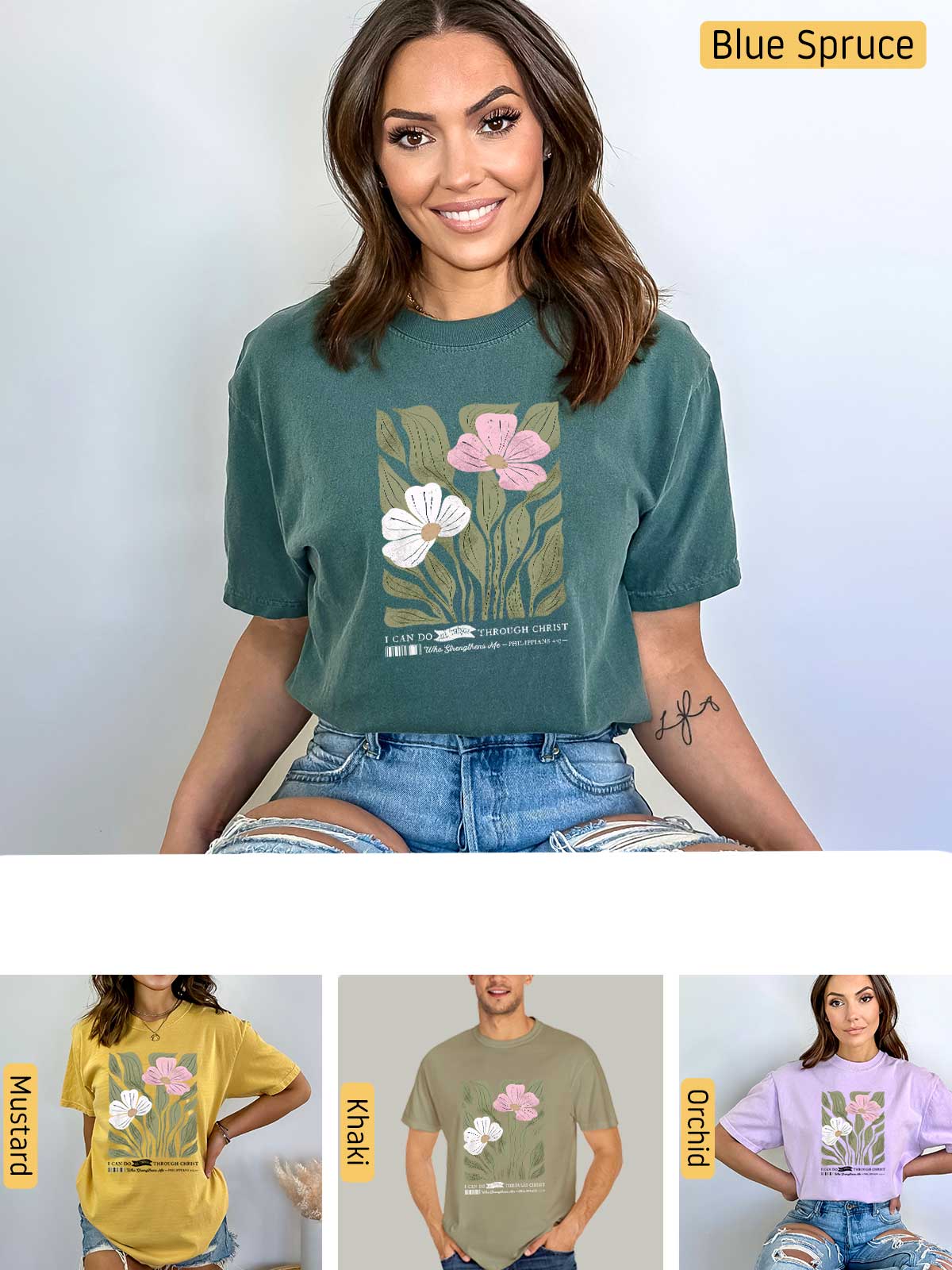 a woman wearing a t - shirt with flowers on it