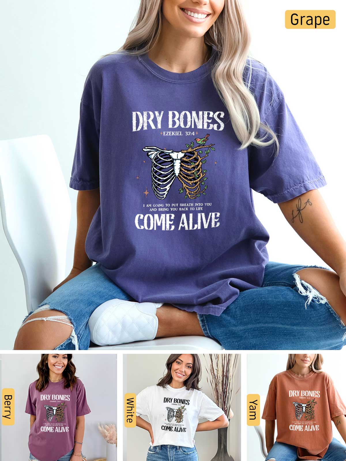 a woman wearing a t - shirt that says dry bones come alive