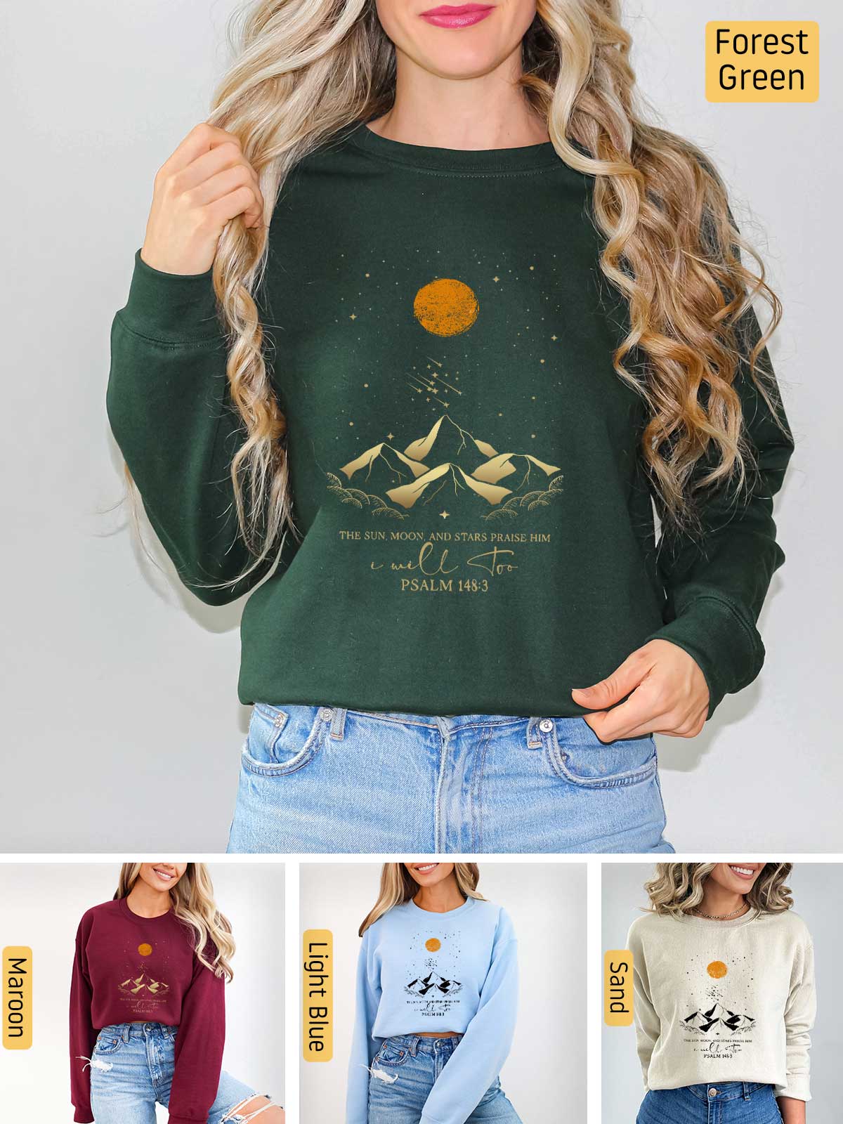 a woman wearing a sweatshirt with mountains and stars on it