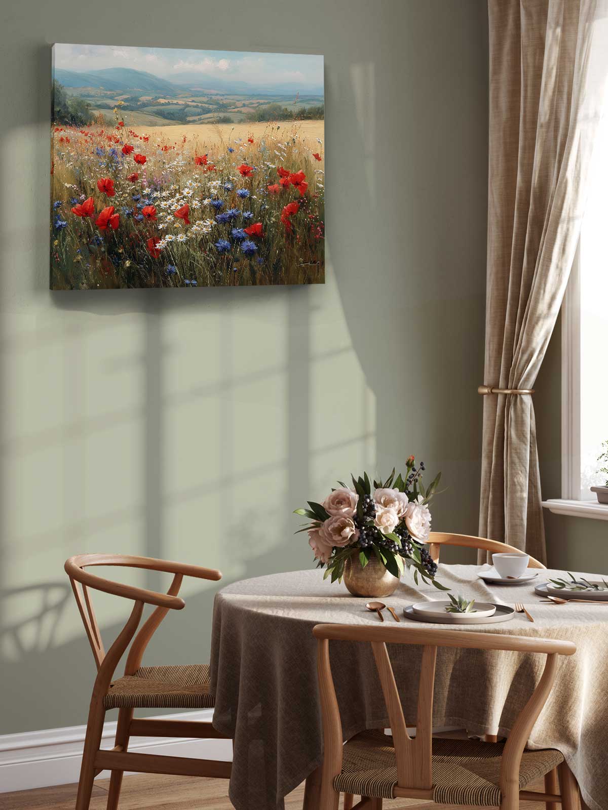 a serene dining room with a table set for two, featuring a vase of flowers and a painting of a field of red poppies and blue wildflowers hanging on the wall above the table.