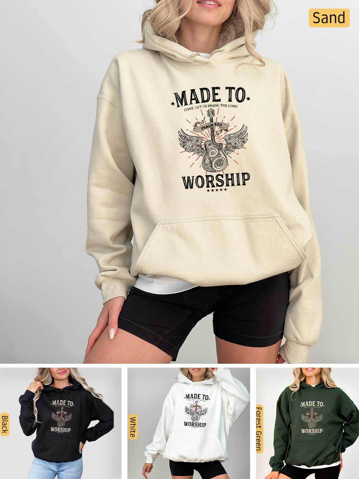 a woman wearing a sweatshirt that says made to worship