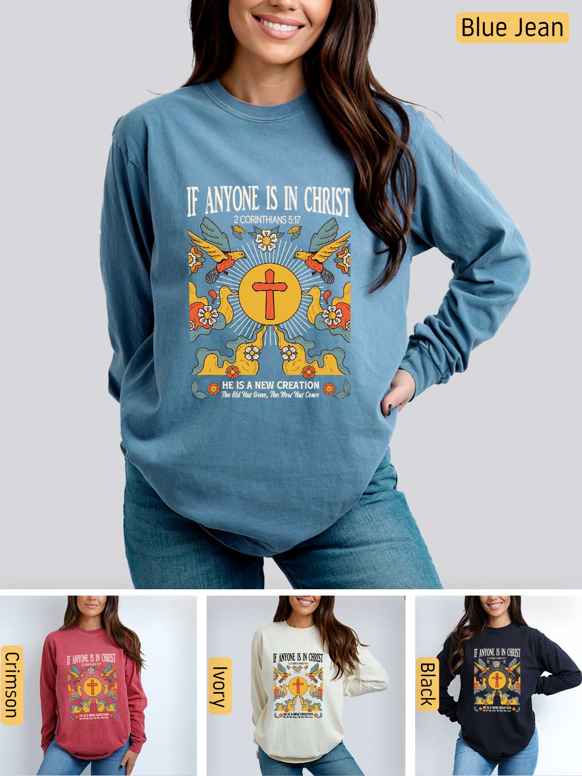 a woman wearing a blue sweatshirt with the words if anyone is in christ on it