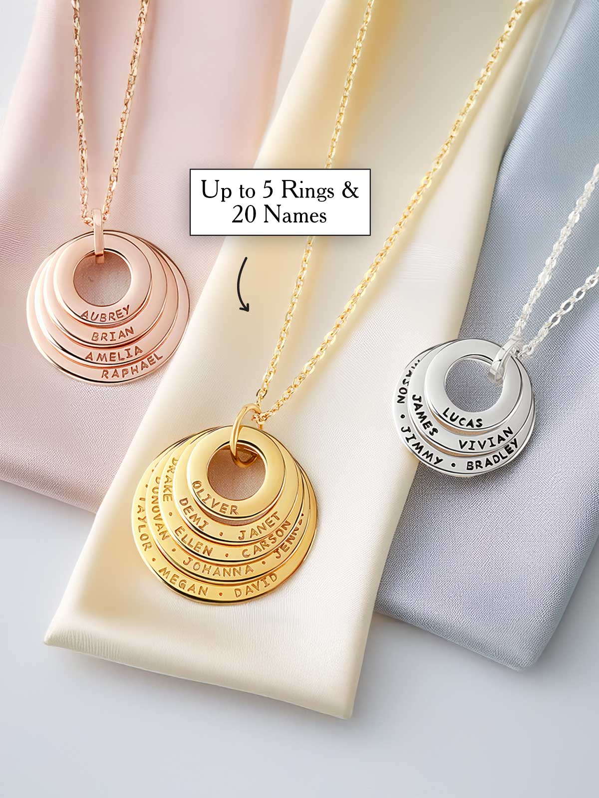 three different necklaces with names on them