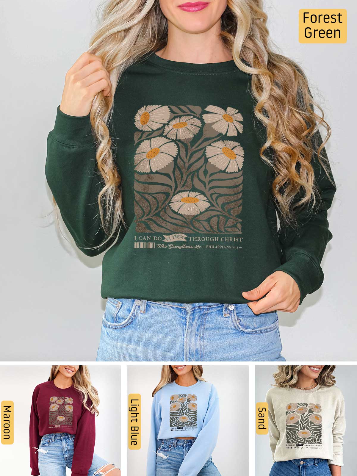 a woman wearing a sweatshirt with flowers on it