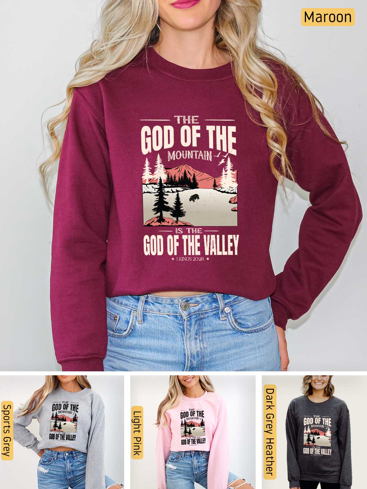 a woman wearing a sweatshirt with the words god of the mountain on it