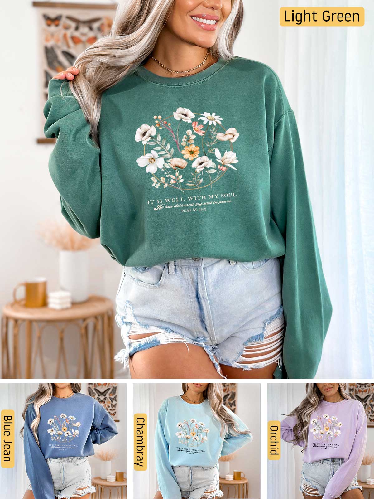 a woman wearing a green sweatshirt with flowers on it