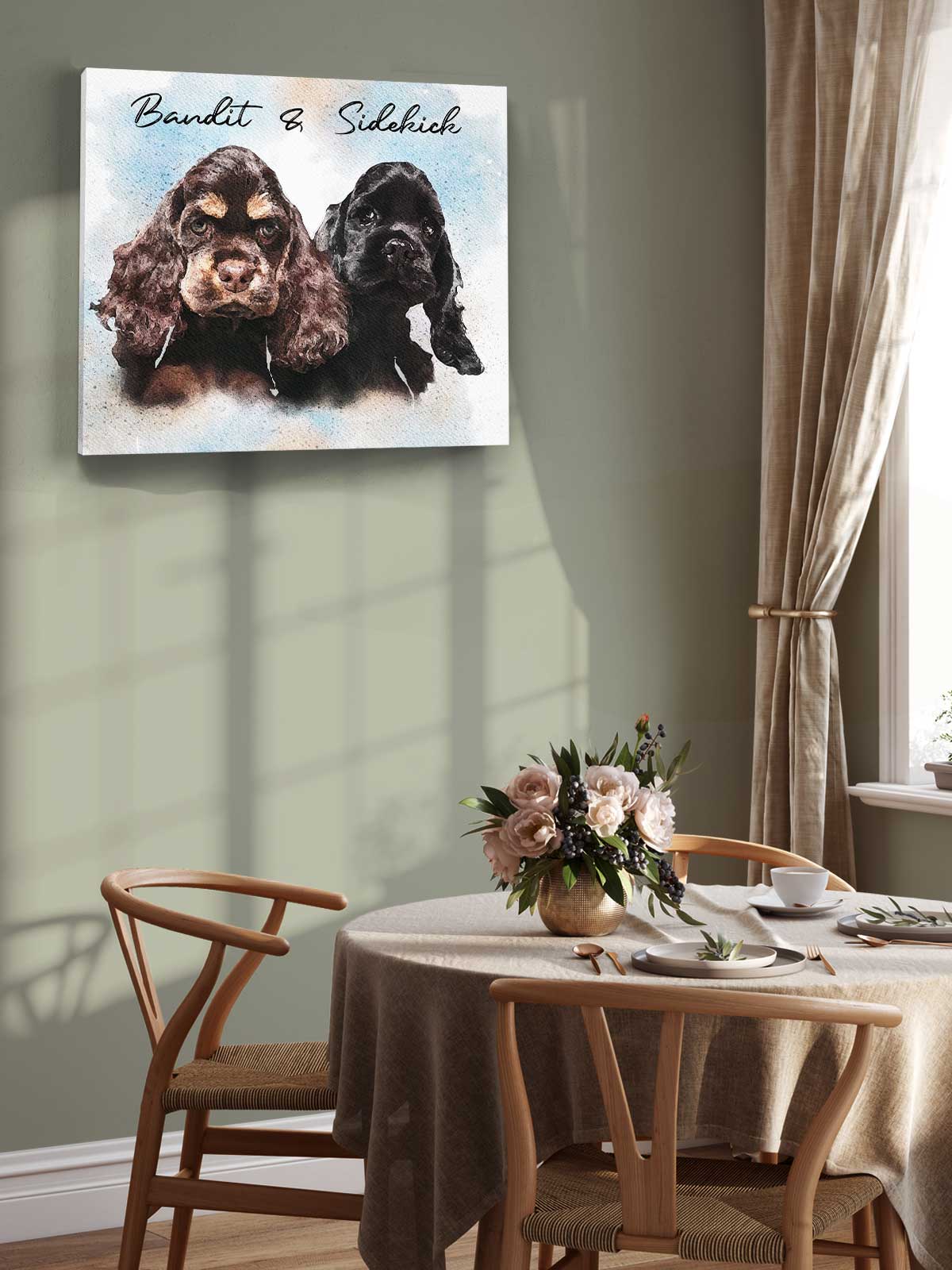 a cozy dining area with a table set for two, featuring a vase of flowers and a painting of two dogs on the wall.
