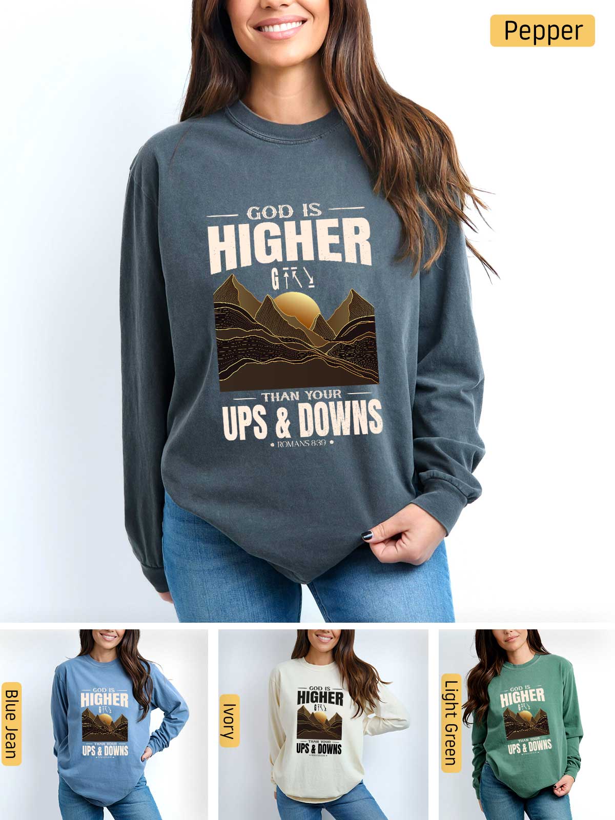 a woman wearing a sweatshirt that says, you're higher than ups and downs