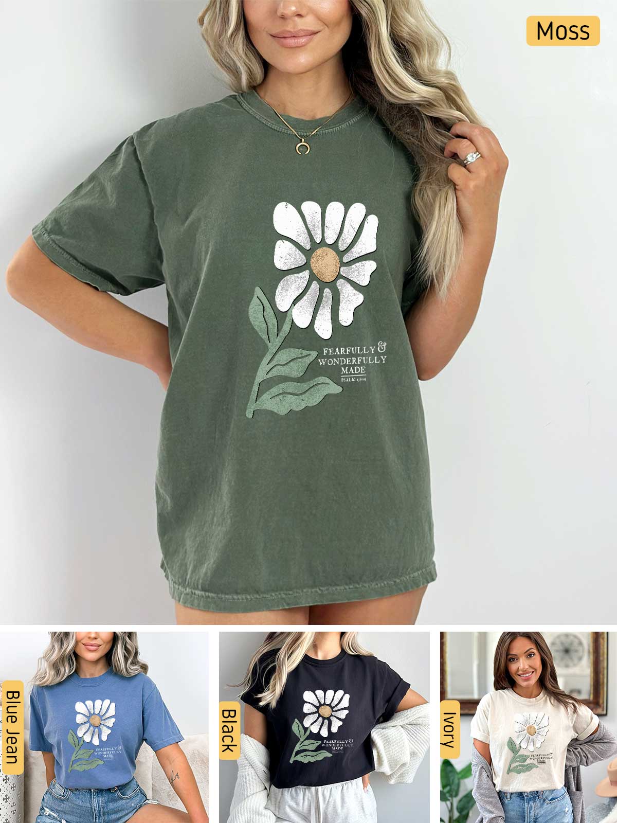 a woman wearing a t - shirt with a flower on it