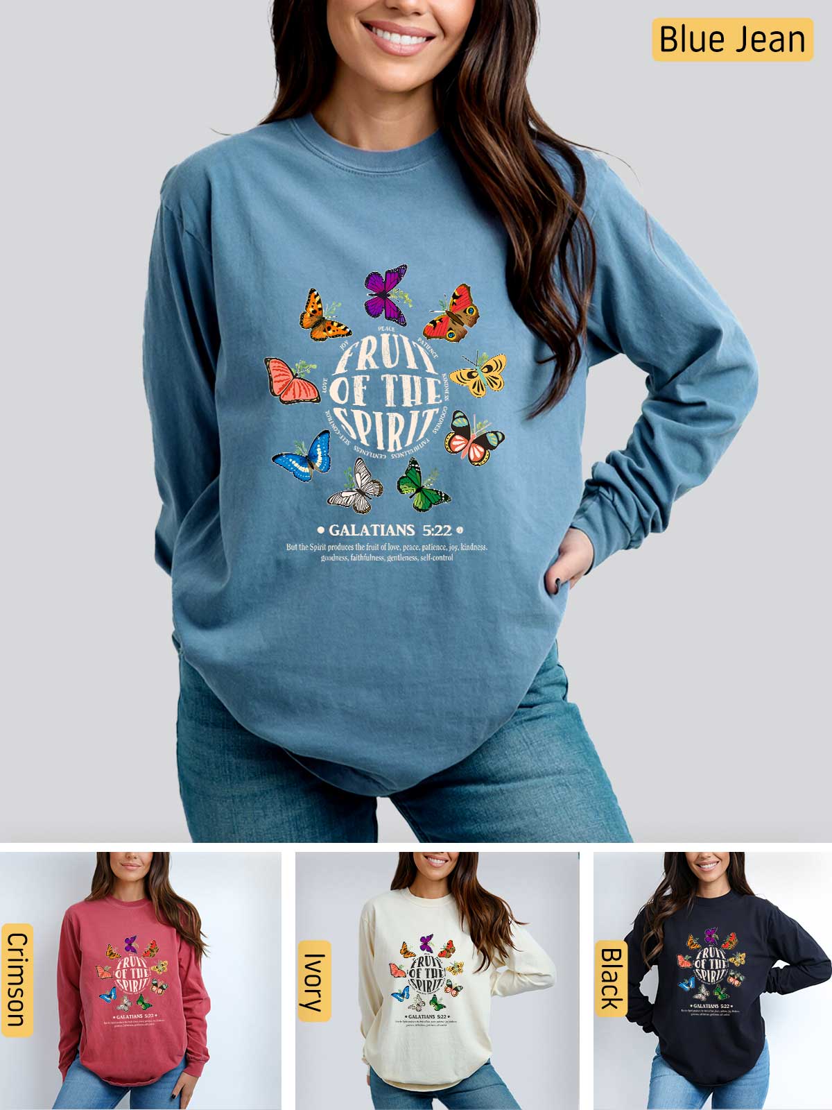 a woman wearing a blue sweatshirt with butterflies on it