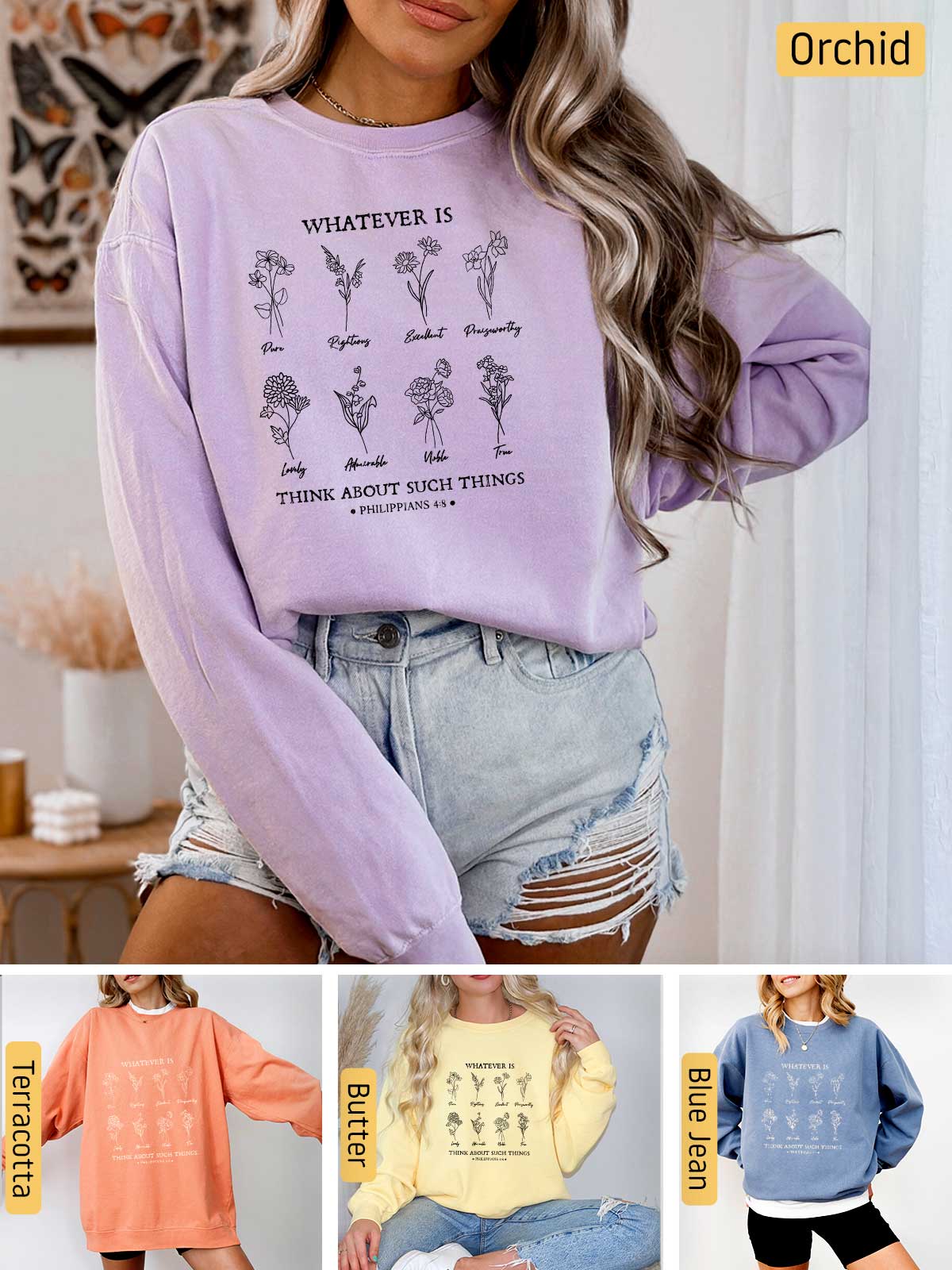 a collage of photos of a woman wearing a sweatshirt and shorts