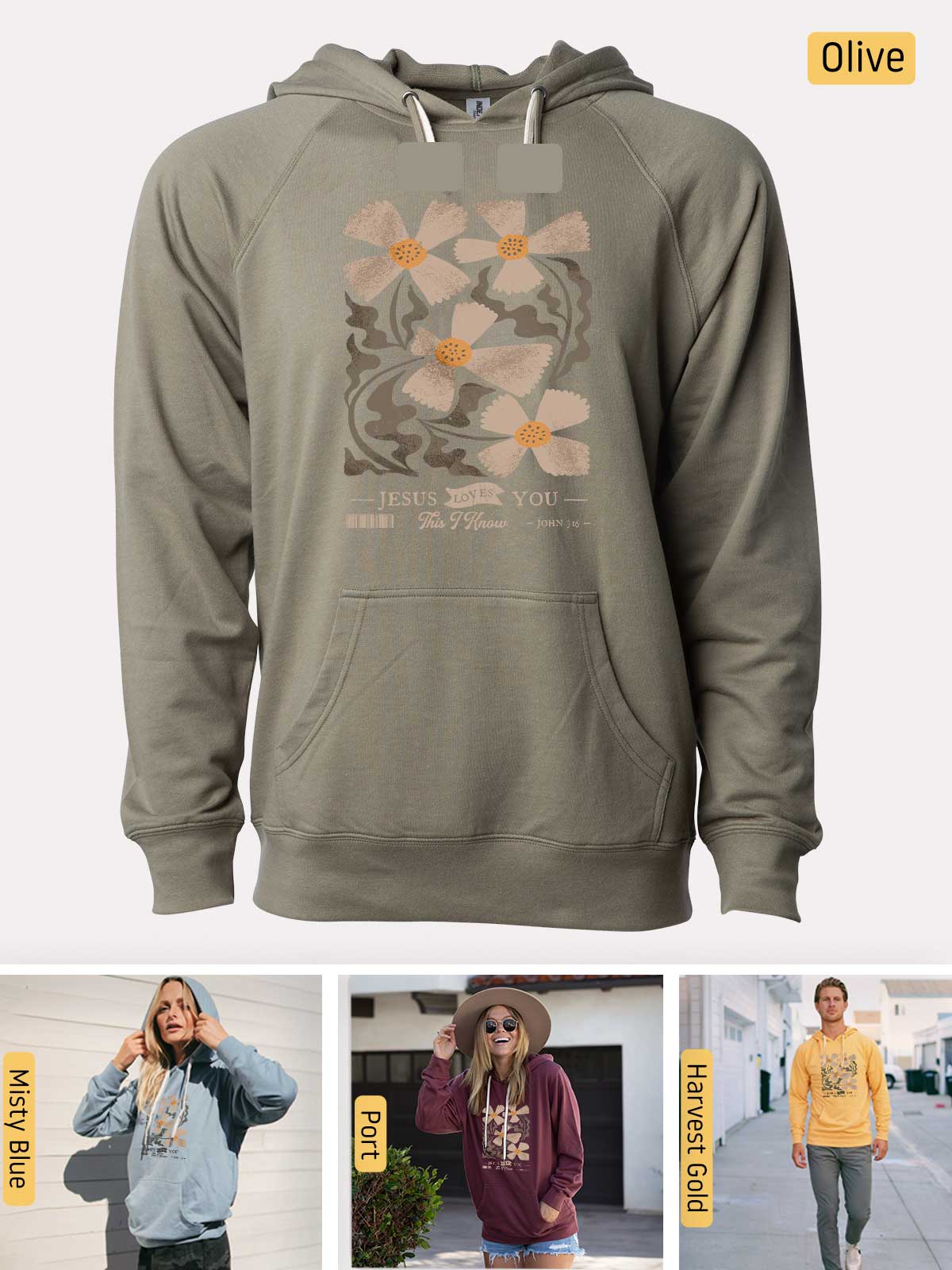 a woman wearing a hoodie with a flower on it