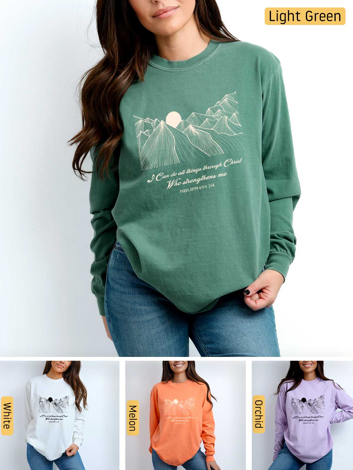 a woman wearing a sweatshirt with a mountain scene on it