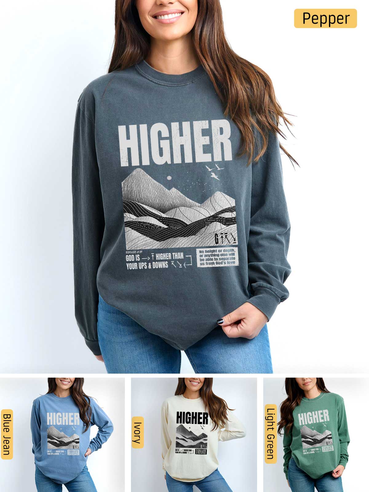 a woman wearing a sweatshirt with the words higher on it