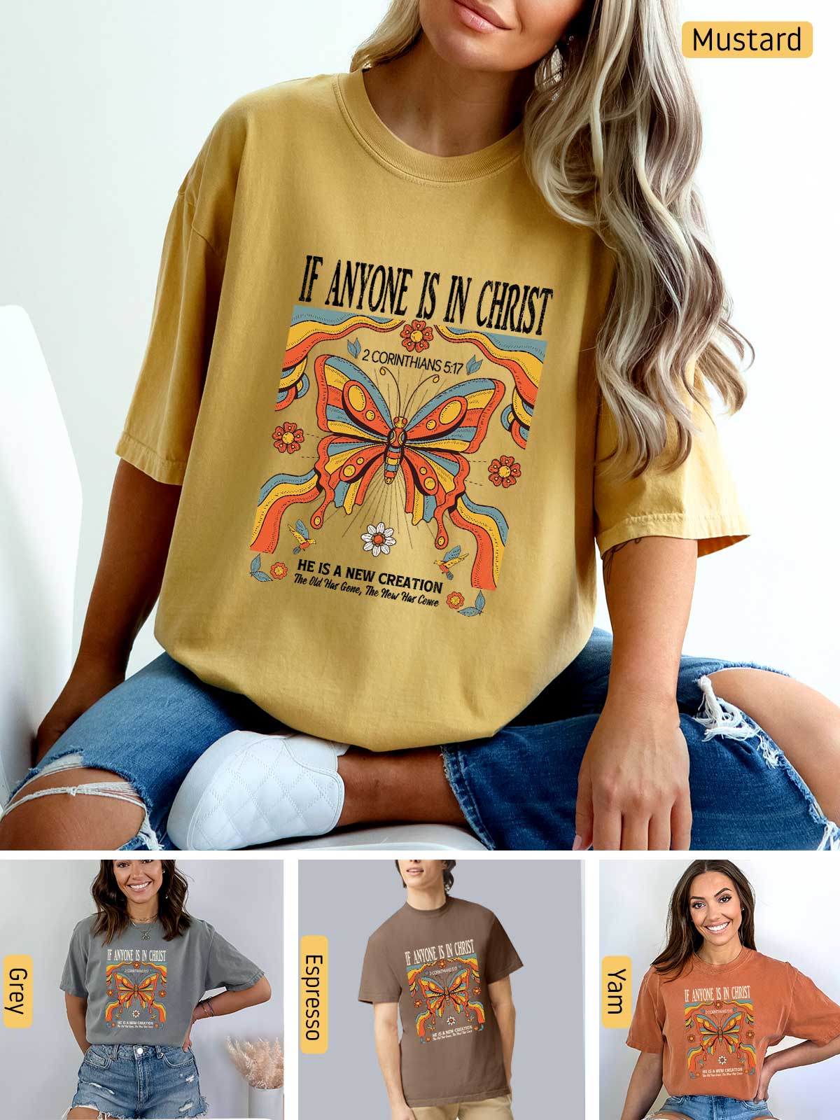 a woman wearing a mustard colored t - shirt with an image of a butterfly on