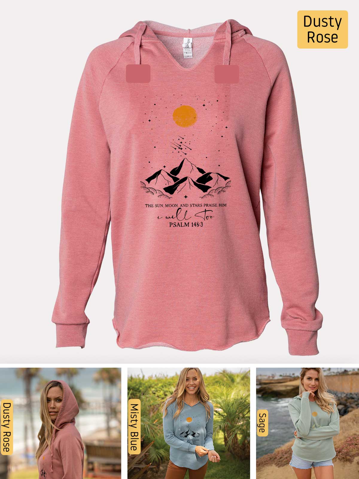 a woman wearing a pink sweatshirt with a bird on it