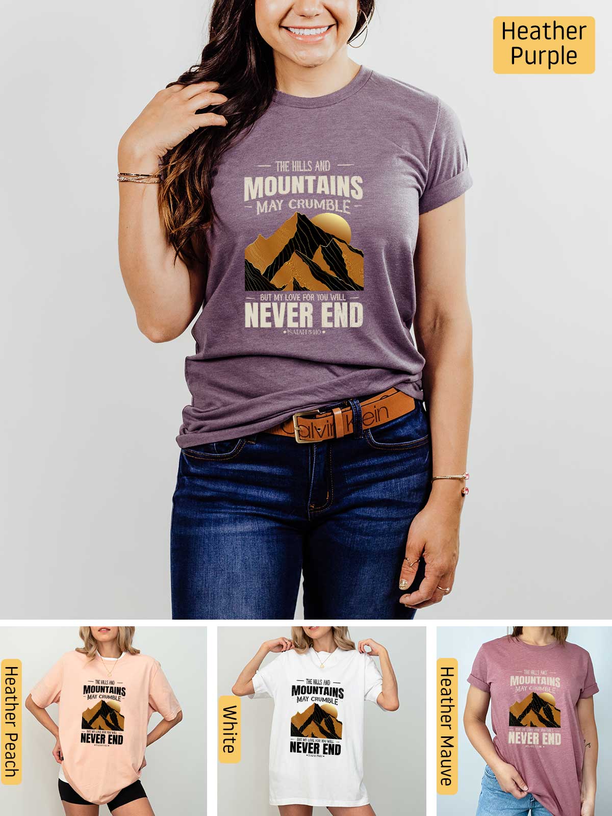 a woman wearing a t - shirt that says mountains are never end