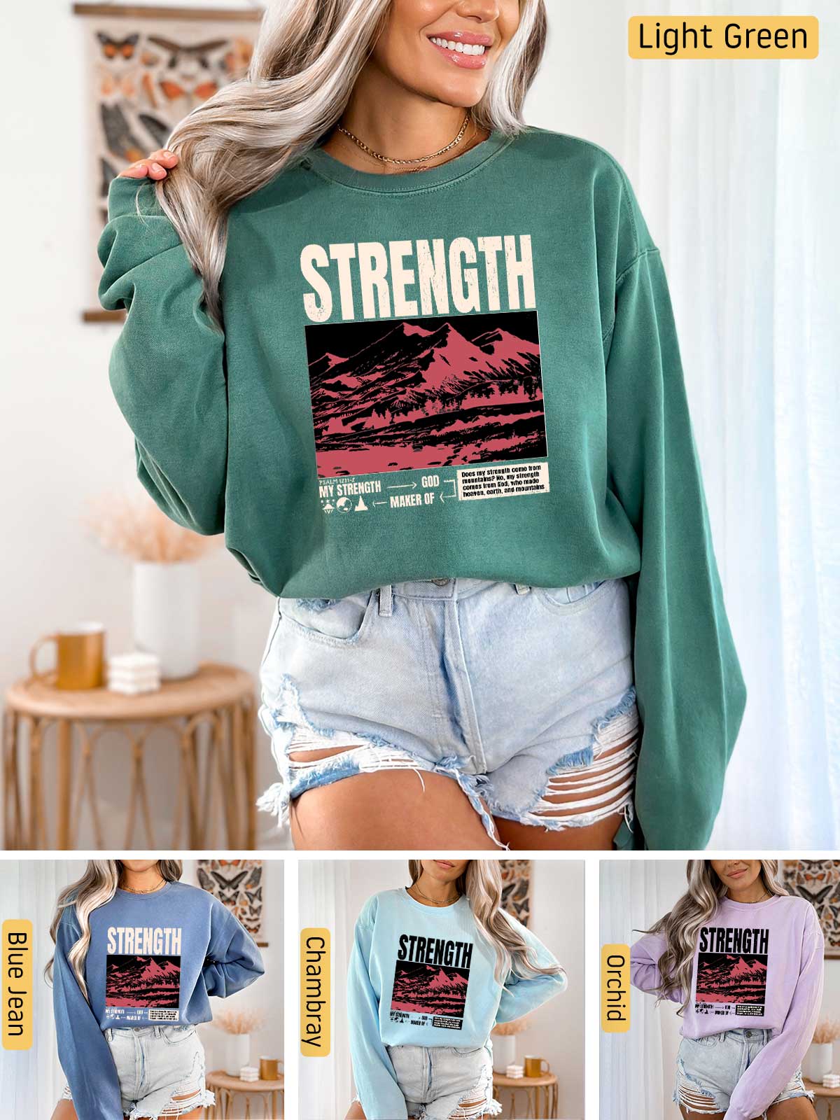 a woman wearing a green sweatshirt with the words strength on it