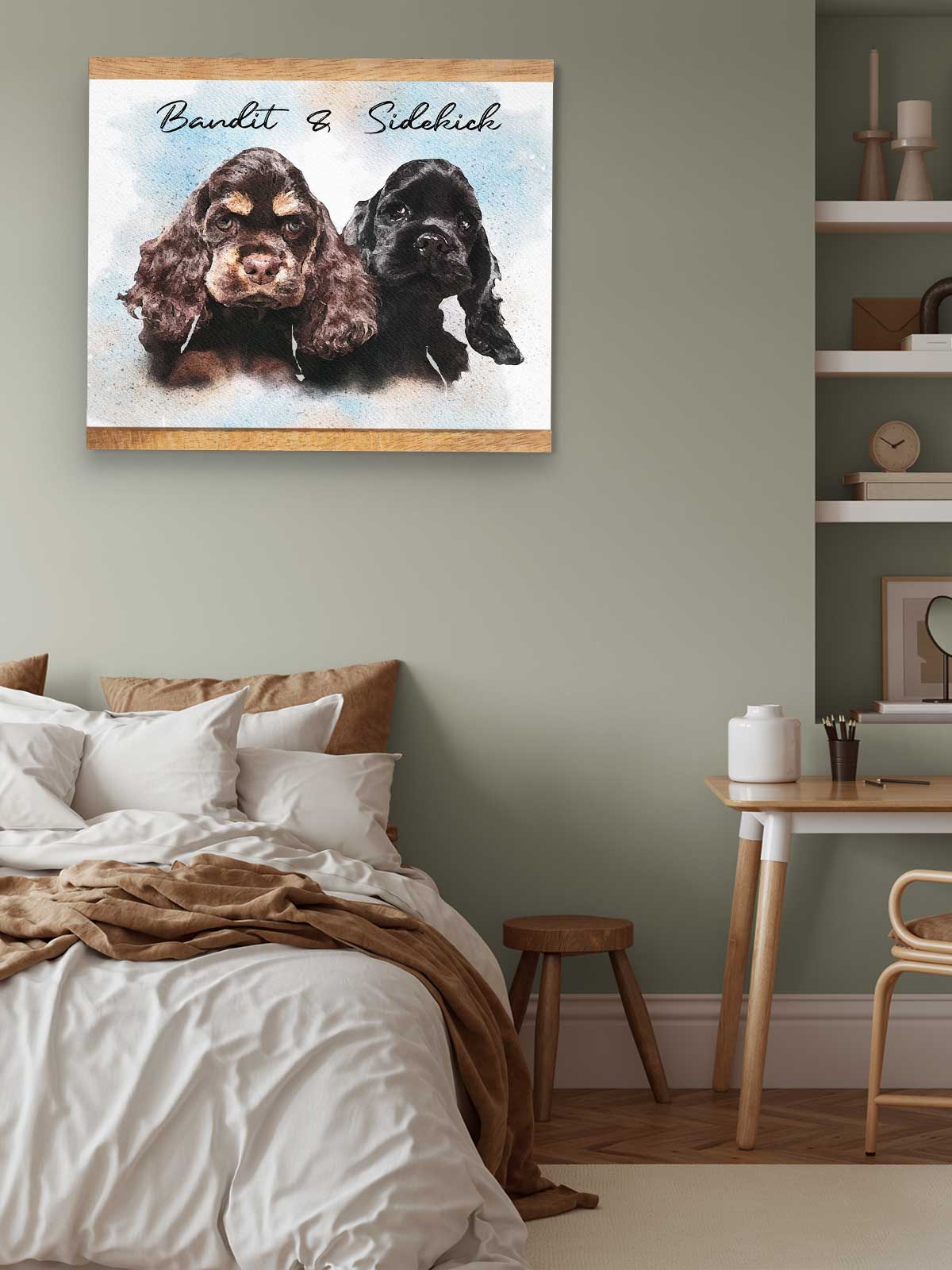 two dogs, one black and one brown, sitting together in a cozy bedroom setting.
