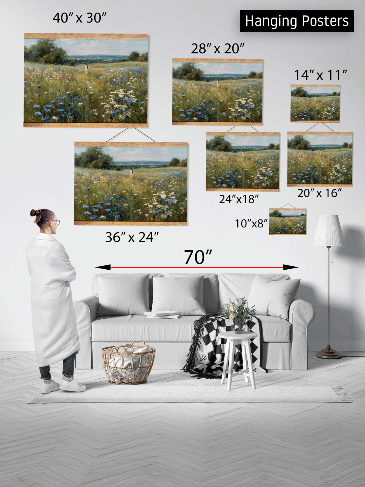 The image is a collage of various hanging posters of landscapes, including a pastoral scene with a field of flowers. The posters are of different sizes and dimensions, ranging from 40" x 30" to 70" x 24" and 14" x 11" to 20" x 16". A person is standing in front of the collage, likely admiring the artwork.