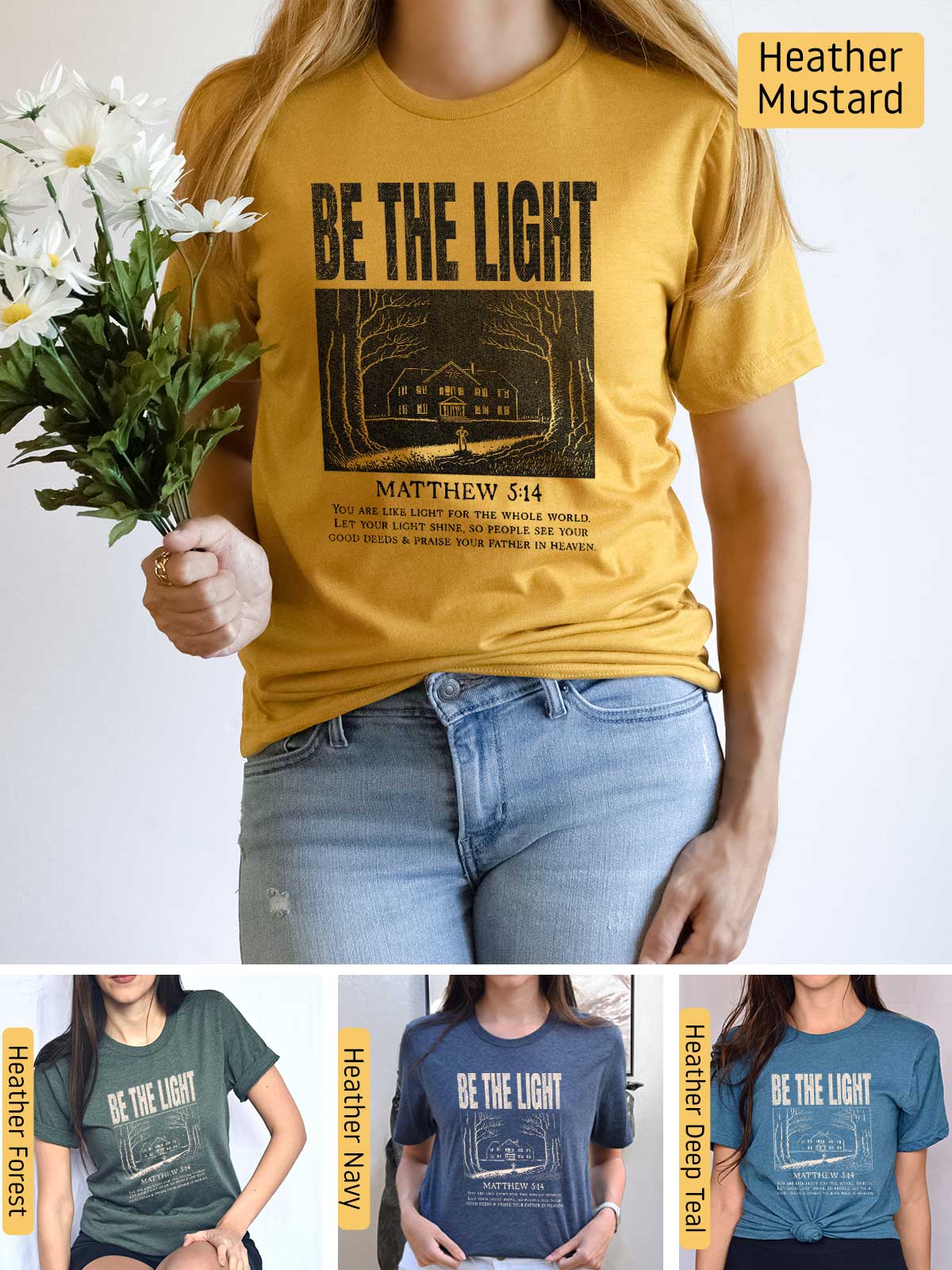 a woman wearing a t - shirt that says be the light