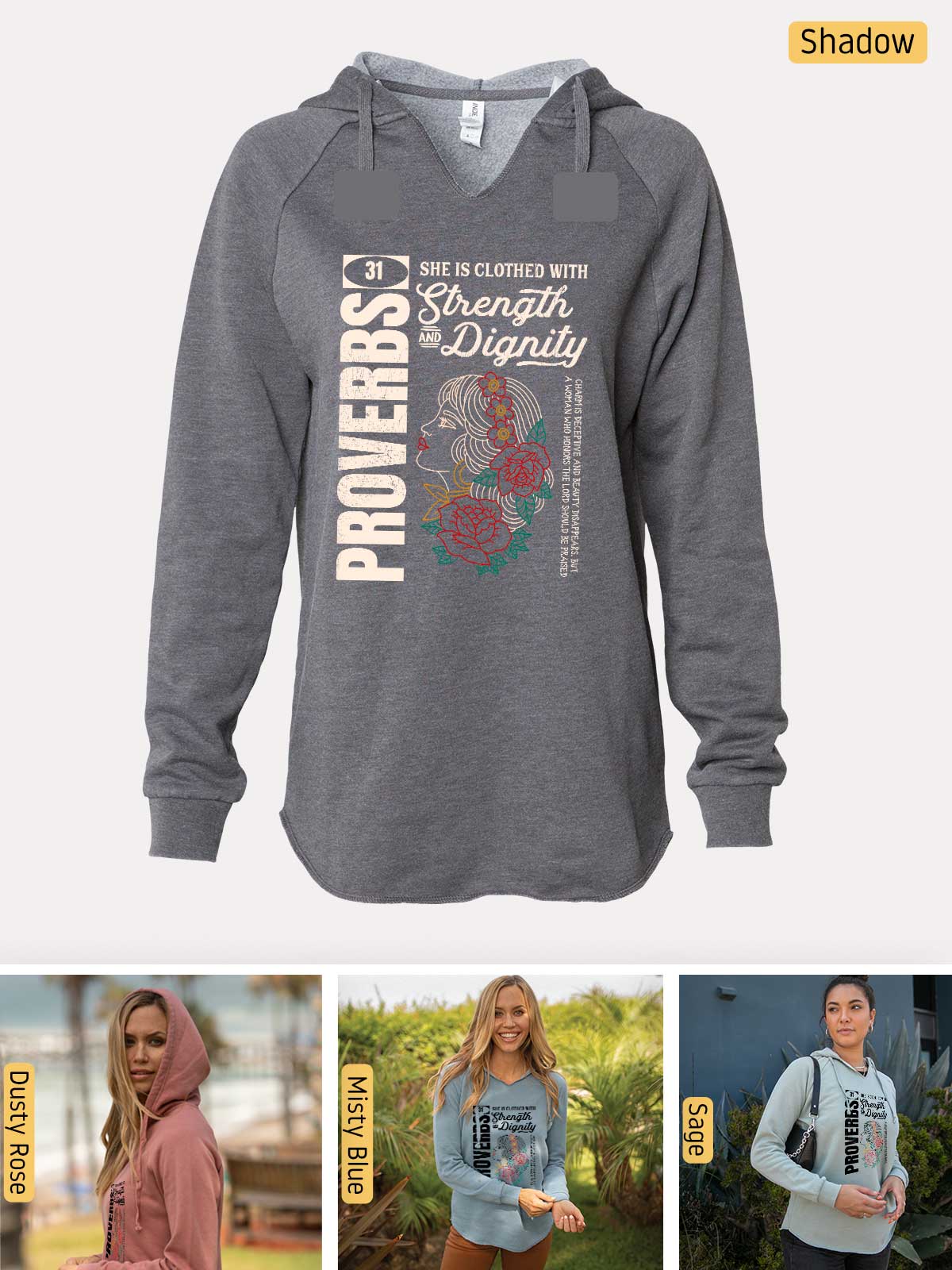 a women's hoodie with a picture of a woman wearing a hoodie