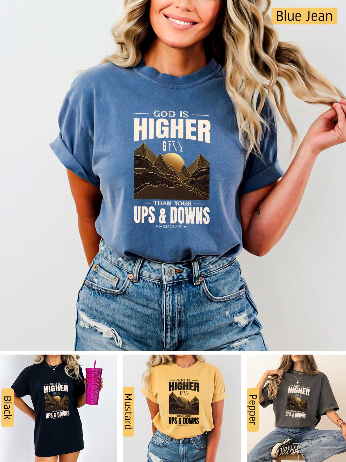 a woman wearing a t - shirt that says, god is higher than ups and