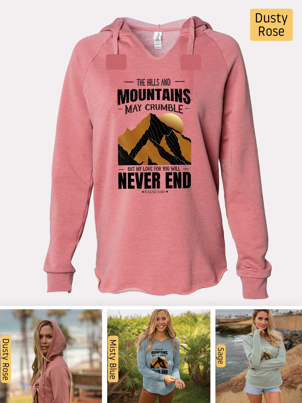 a woman wearing a pink hoodie with mountains on it