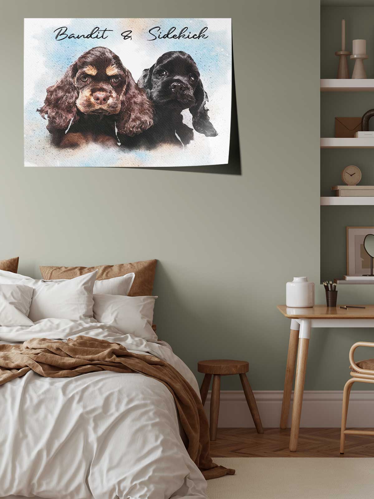 two dogs, one brown and one black, sitting together on a bed.