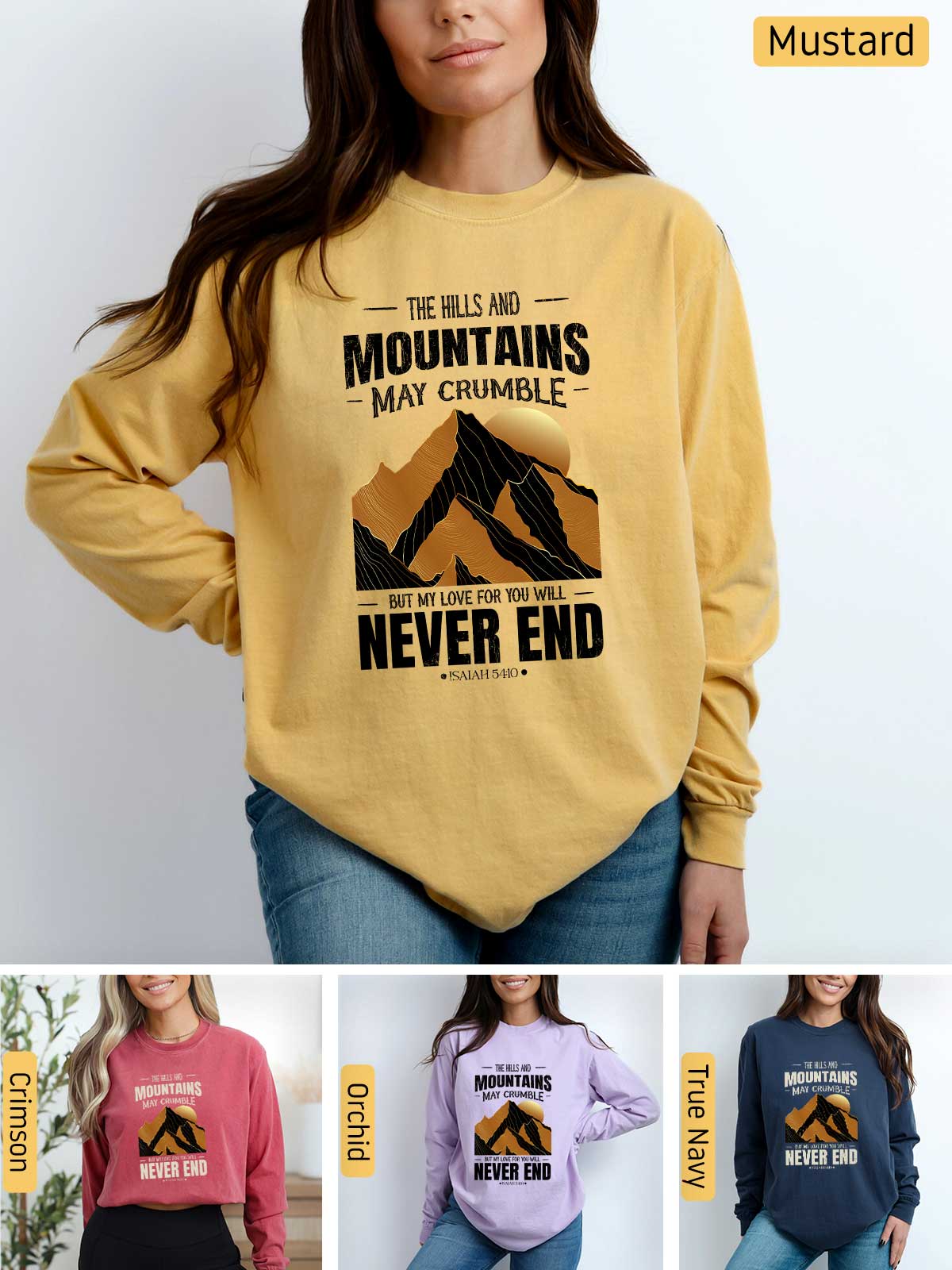 a woman wearing a sweatshirt that says the hills and mountains may crumble never end