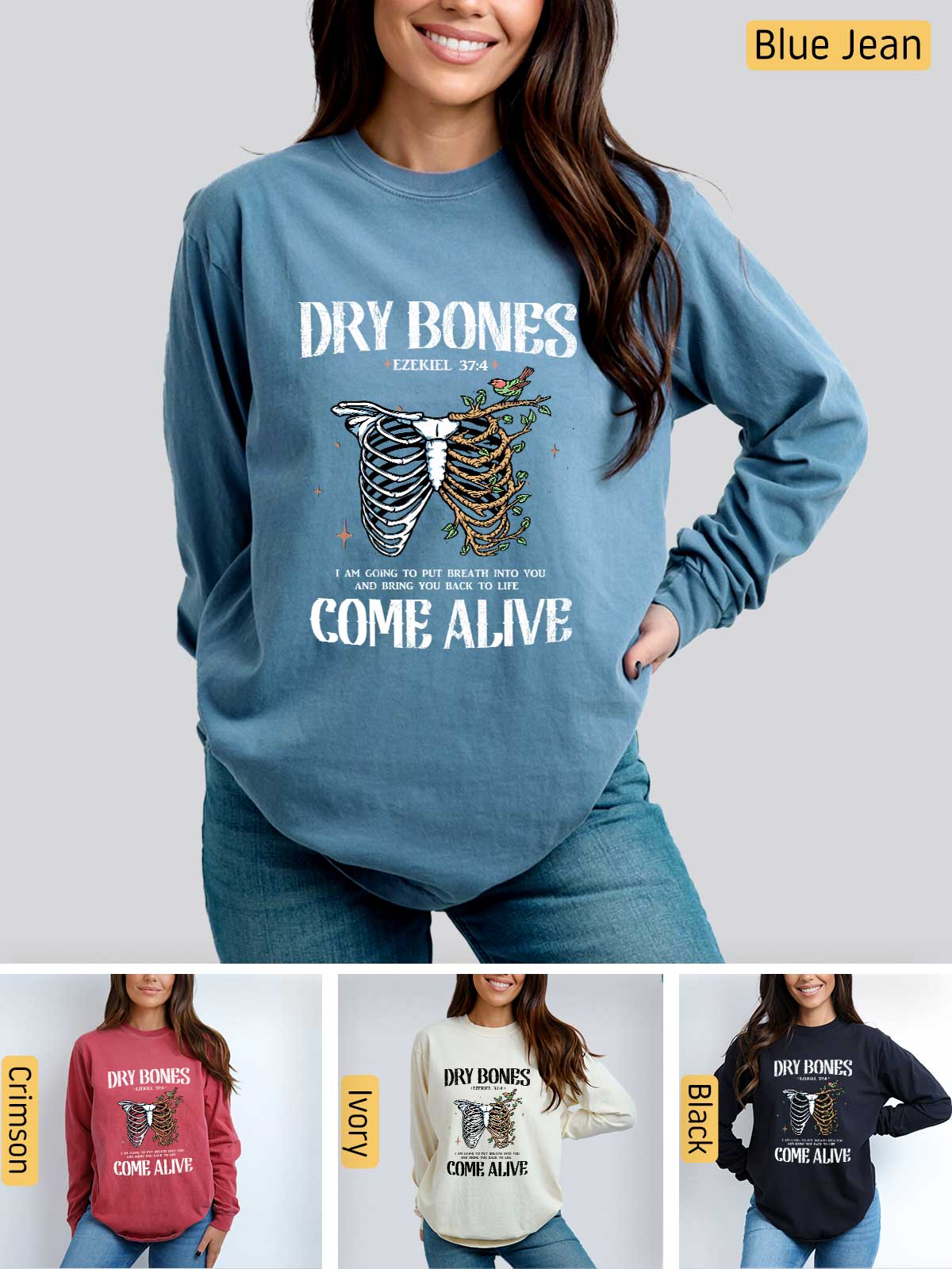 a woman wearing a sweatshirt that says dry bones come alive