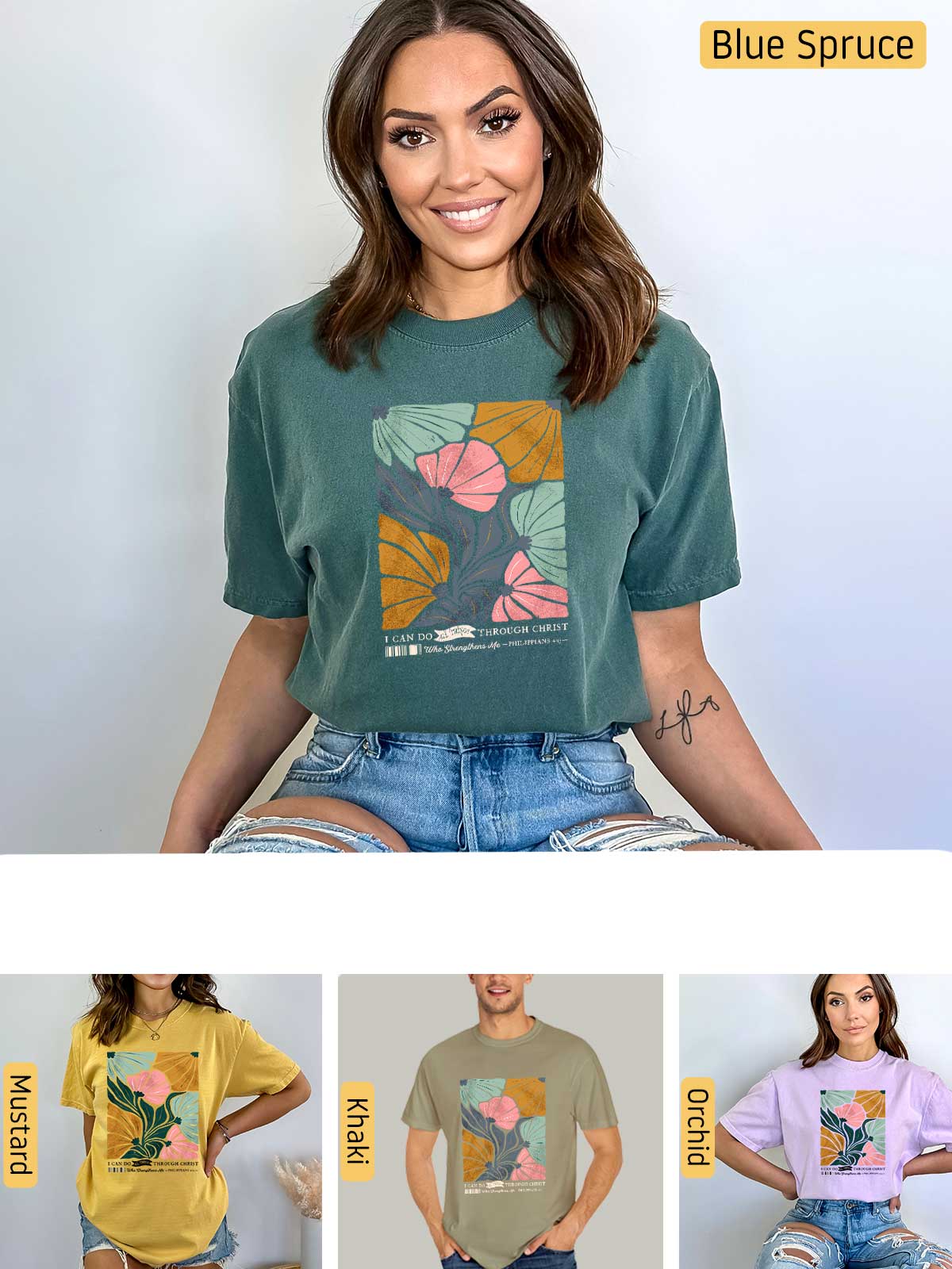 a woman wearing a t - shirt with flowers on it