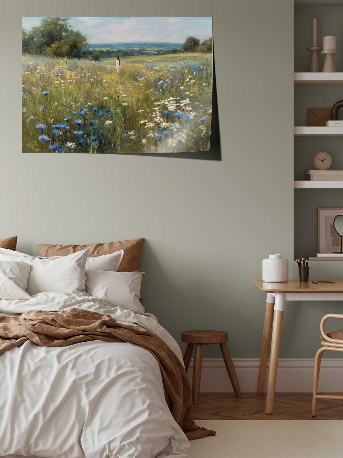 a serene bedroom scene with a bed, a wooden table, and shelves displaying various items.