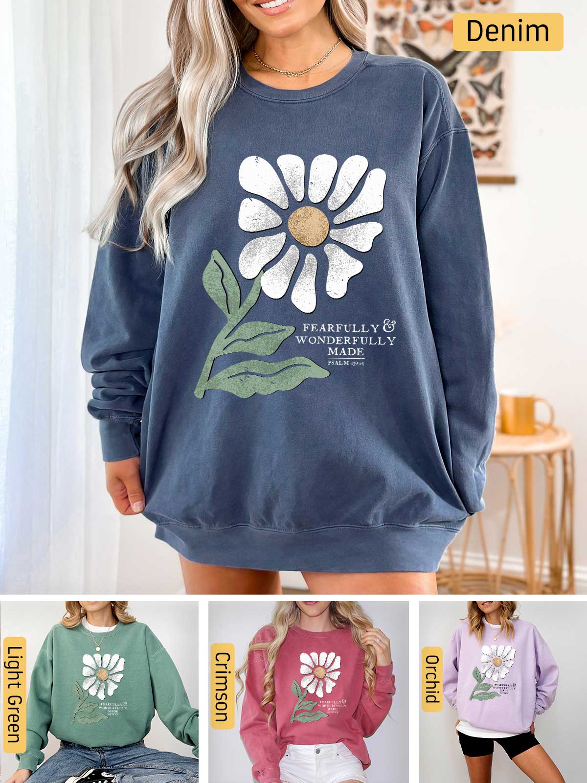 a woman wearing a sweatshirt with a flower on it