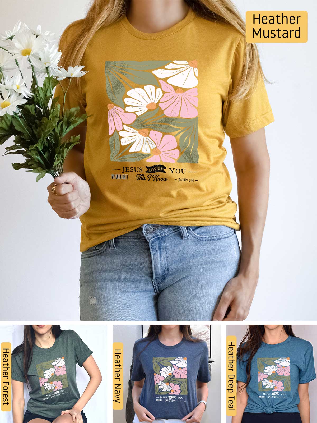 a woman wearing a t - shirt with flowers on it