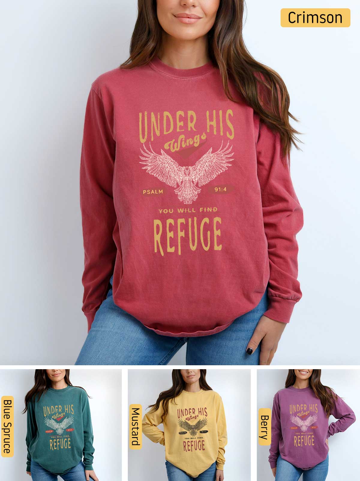 a woman wearing a sweatshirt with the words under his refuge on it