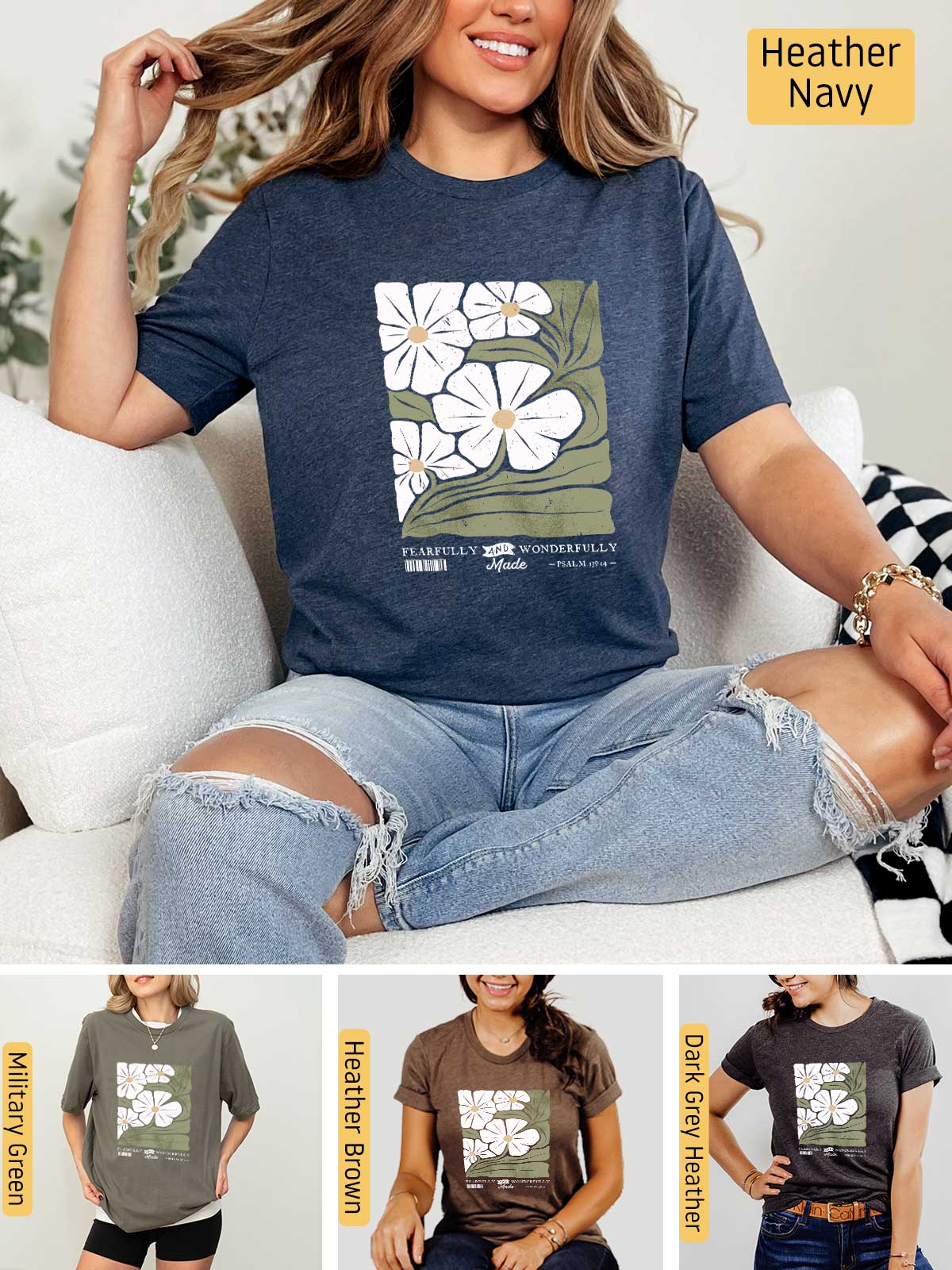 a woman sitting on top of a couch wearing a t - shirt