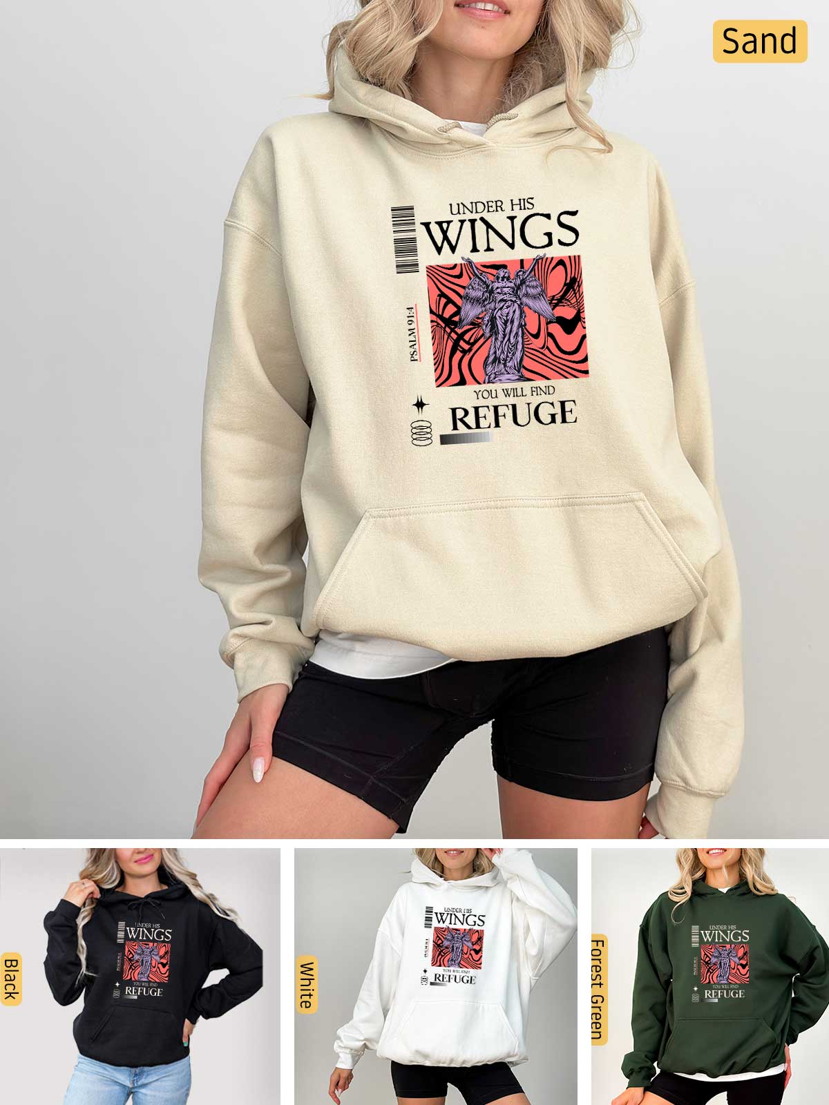 a woman wearing a hoodie with the words wings on it