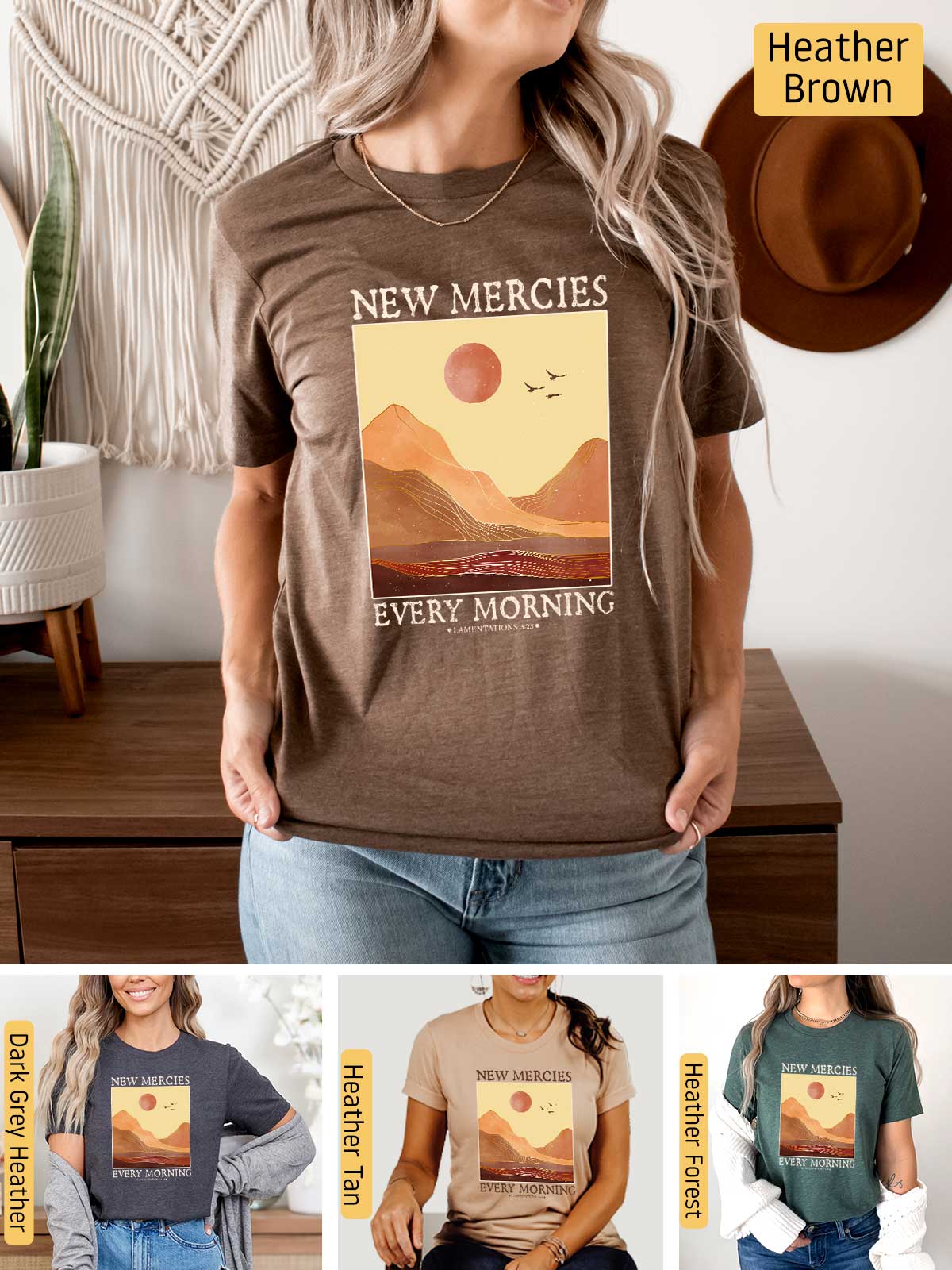 a woman wearing a new mercies every morning t - shirt