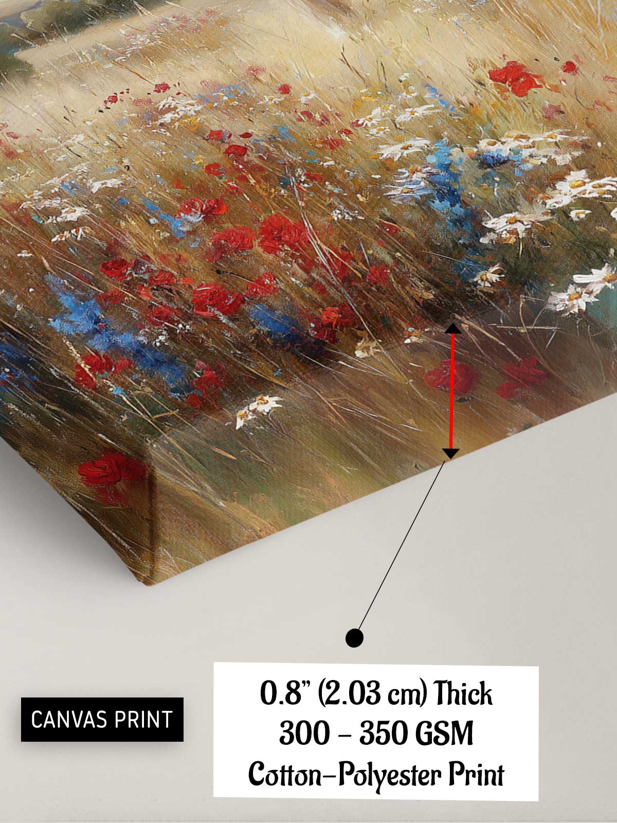 The image is a canvas print depicting a field of flowers with red and blue flowers.