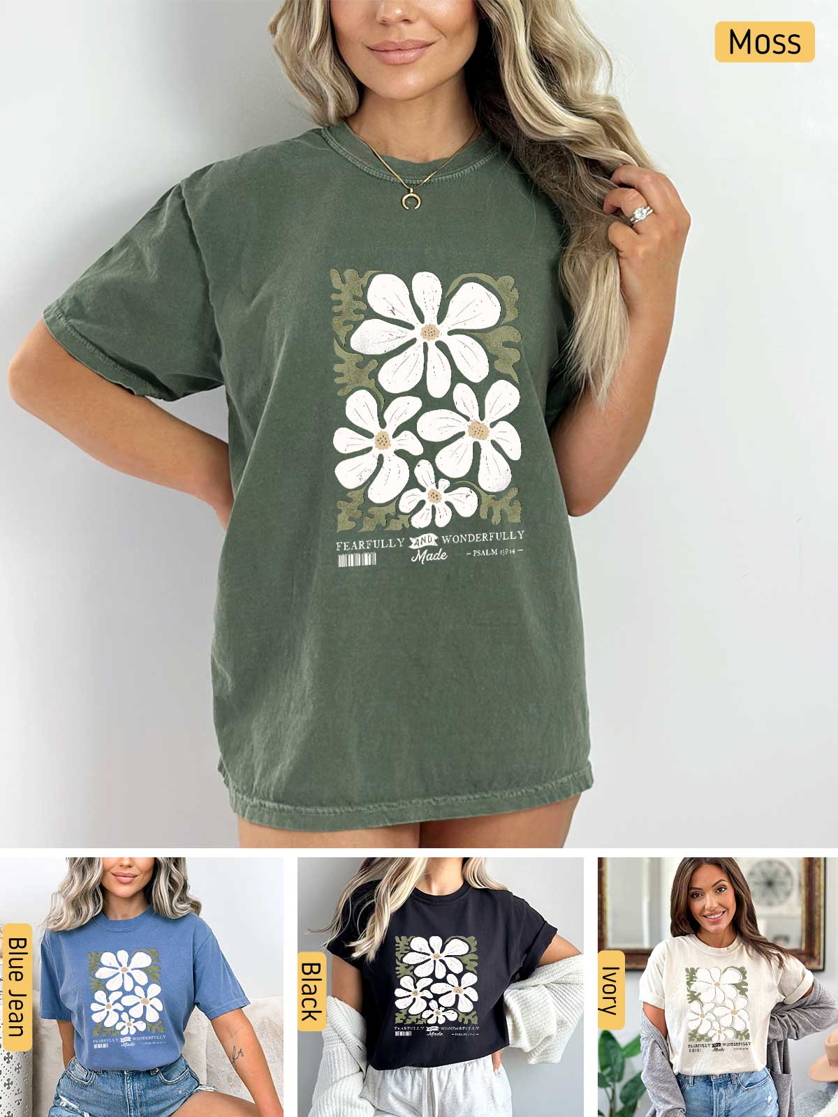 a woman wearing a t - shirt with flowers on it