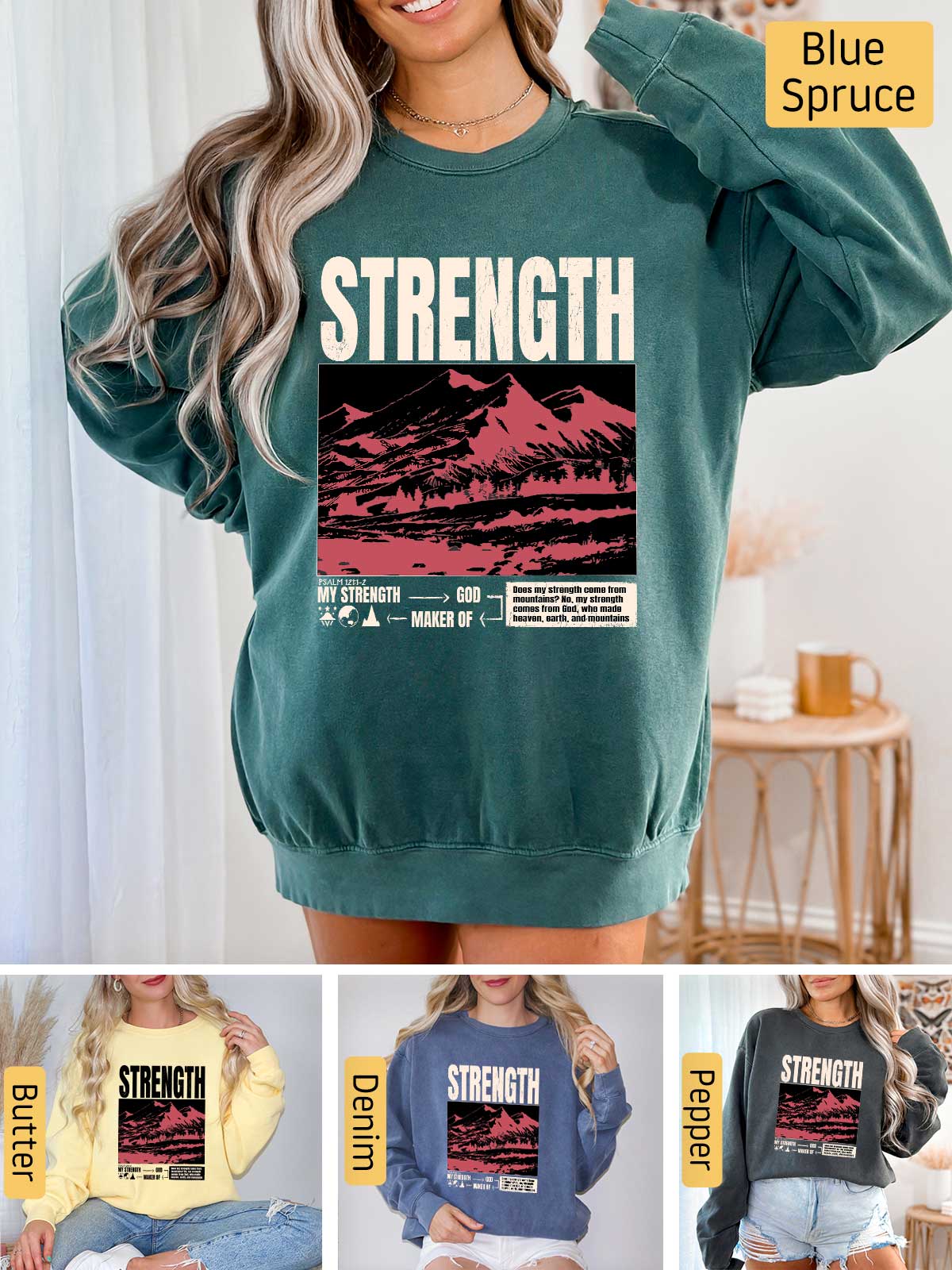 a woman wearing a sweatshirt with the words strength on it