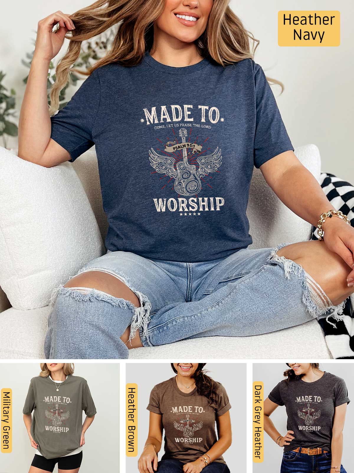 a woman sitting on a couch wearing a t - shirt that says made to worship